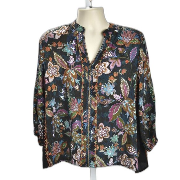 Johnny Was Tops - Johnny Was Workshop Knit Henley Floral Tunic Top Embroidered Size S
